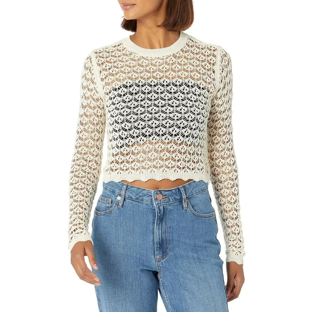 ASTR Cream Crochet Knitted High Neck Long Sleeve Pullover Crop Sweater Top XS